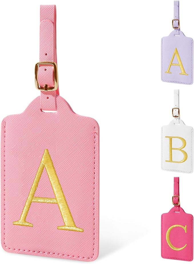 Personalized Initial Luggage Tags for Suitcase, Pink Leather Cute Luggage Tags with Privacy Cover Name Card, Embroidered Custom Monogrammed Luggage Tag Travel Bag Baggage Tags Gifts for Women Kids(A)