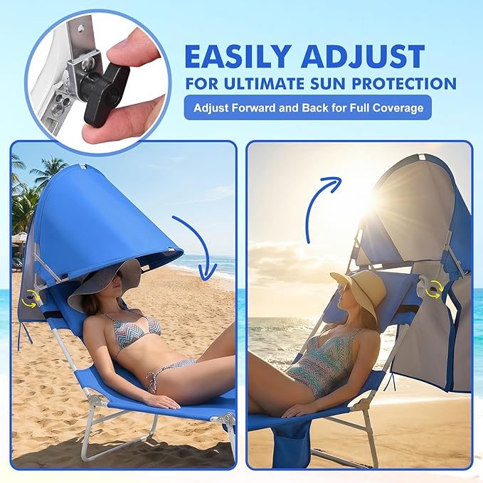 Backpack Beach Tanning Chair with Canopy and Face Hole, 6-Position Folding Lay Out Lounge Chair, UPF 50+ Wind-Resistant Sun Shade, Portable Recliner for Sunbathing, Outside, Poolside, Lawn, 2Pack