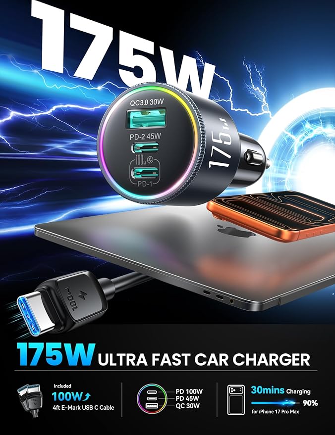 JOYROOM 175W Car Charger USB C Fast Charge [GaN] 3-Port Car Cigarette Lighter Adapter with USBC Cable, Super Fast Car Charger USB C for iPhone 17/16/15 Series, Galaxy S26/25, Laptop, Tablet and More
