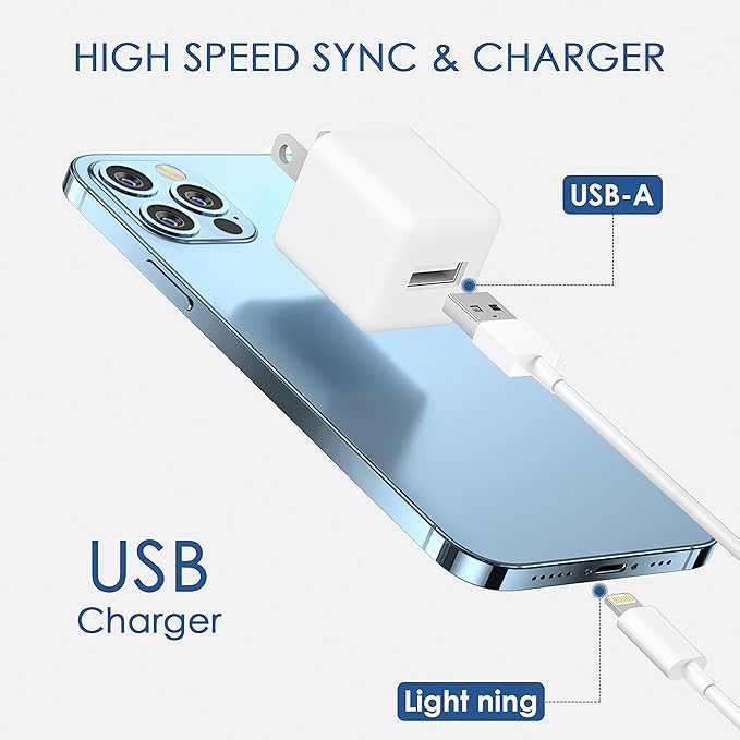 i Phone Charger, 5W USB to Lightning Cable 6Ft Quick Fast Charging Cord USB Wall Chargers Power Adapter for i Phone 14/13/12/11/X/8 Plus/XR/XS Max/SE/i Pad(2-Pack)