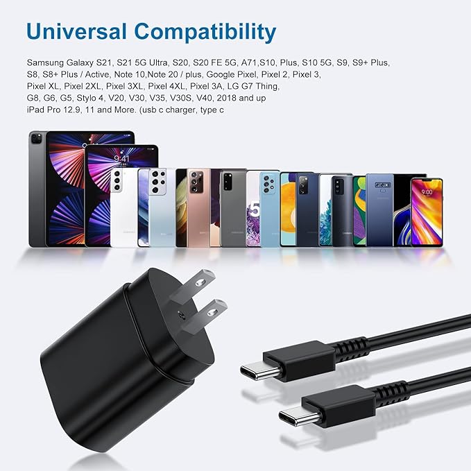 Type C Charger, 2Pack 25W PD USBC Wall Charger Super Fast Charging Block & 6ft Android Phone Cable Cord for Samsung Galaxy S26 S25 S24 S23 S22 S21 S20 (Plus/Ultra)/Note 20 10 9 8/ S10 S9 S8 Galaxy Tab