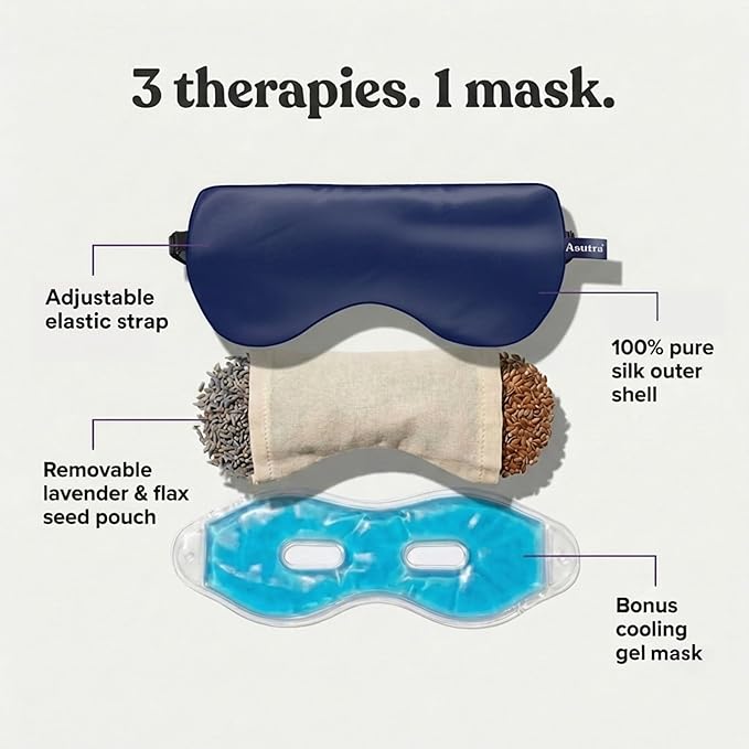 ASUTRA Silk Eye Pillow for Sleep, Navy - Filled w/Lavender Buds & Flax Seeds, Weighted Eye Mask, Meditation & Light Blocking Blindfold, Cooling Gel Mask Included