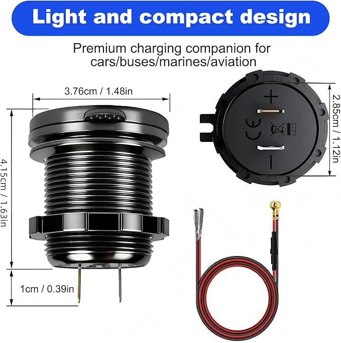 12V Flush Mount Car Charger, Aluminum Metal Body with LED Voltmeter and Switch, Dual QC3.0 USB Port for Marine, RV, Motorcycle & Panel Mounting (red)