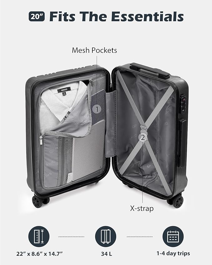 Coolife Luggage PC+ABS Hardshell Suitcase with TSA Lock, Spinner Carry On Lightweight (grey, S(20in_carry on))