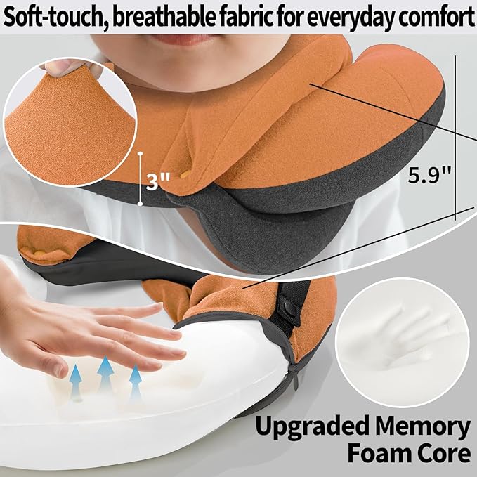 BUYUE Kids Travel Pillows for Airplane, Memory Foam 360° Head Support Sleeping Essentials for Long Flight, Skin-Friendly Soft Neck Pillow for Traveling in Car Seat, (Small, Orange Grey, 40-90 lbs)