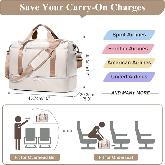 Travel Duffel Bag for Women, Carry-on Overnight Weekender Bags with Wet Pocket, For Spirit Airlines 18x14x8 Personal Item Bag,Small,Beige & Brown