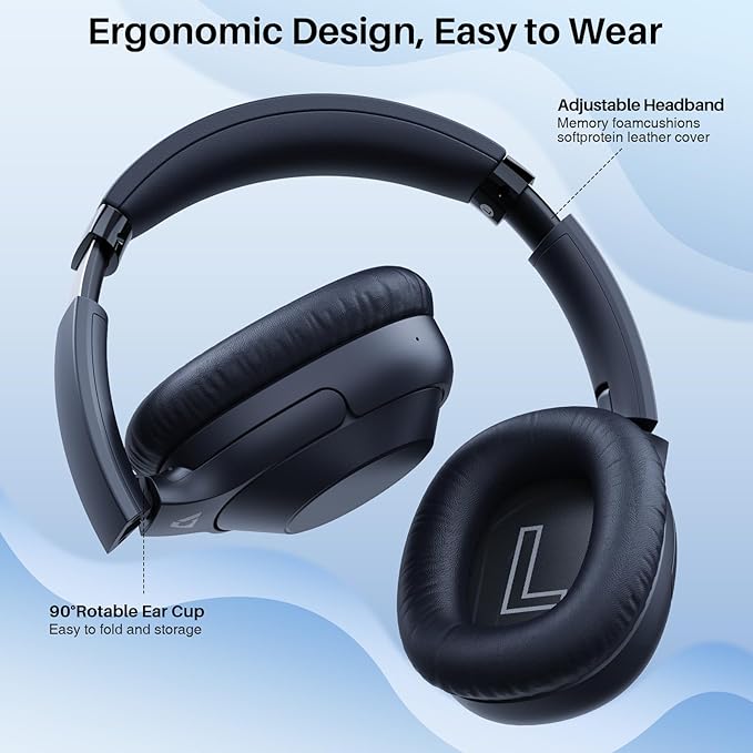 Bluetooth 5.2 Hybrid Active Noise Cancelling Headphones for Airplane Travel, 90H Playtime Wired and Wireless Over Ear ANC Headset for Adults, Android, Home Office, Blue