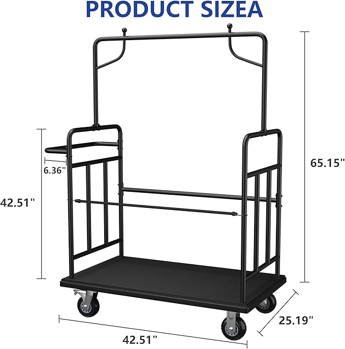Luggage Cart,Heavy-Duty Steel Luggage Trolley with 360°Silent Wheels,1100LBS Load Hand Truck,Anti-Collision Strip for Hotel Bellman,Airport & Resort Use,Smooth-Rolling Platform Dolly