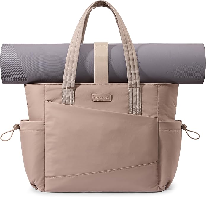LOVEVOOK Gym Tote Bag for Women, Puffy Yoga Mat Bag with Large Cup Holder & Wet Pocket, Work Nurse Bag for Travel Workout
