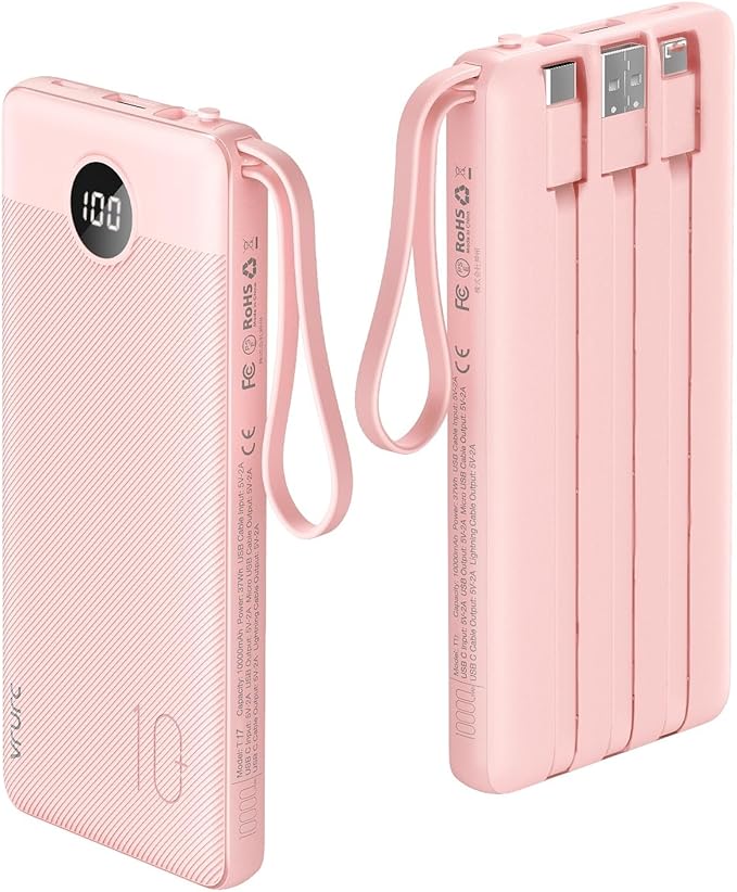 VRURC Portable Phone Charger, 20W PD Fast Charging Portable Charger for iPhone, 10000mAh Battery Bank with Cables, 4 Output 3 Input USB C Battery Pack for iPhone 17 16 15 14 13,Samsung Galaxy-Pink
