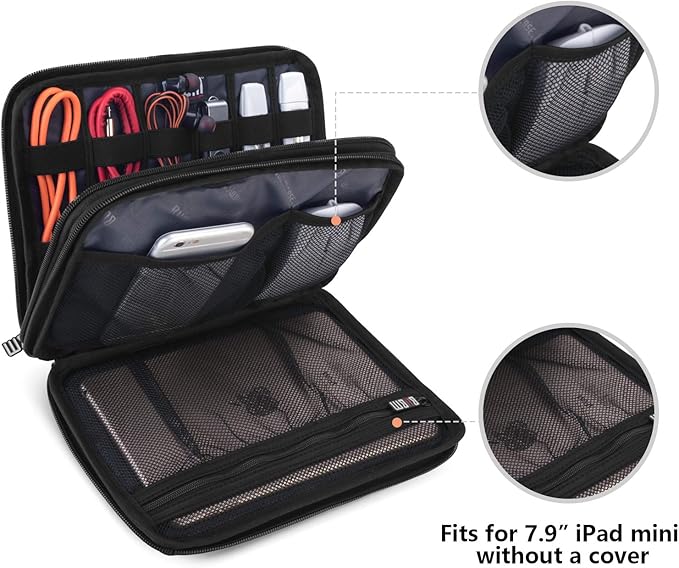 BUBM Double Layer Electronic Accessories Organizer, Travel Gear Bag for Cables, USB Flash Drive, Plug and More, Perfect Size Fits for iPad Mini (Medium, Blue)