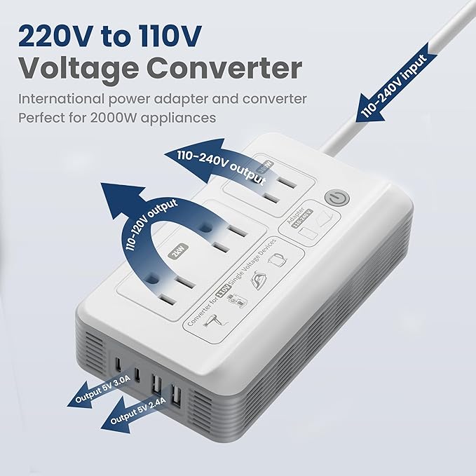 Mapambo 2000W Voltage Converter US to Europe, 7 in 1 Converter for European Travel for Hair Dryer, Kettles, Coffee Makers and etc. 220v to 110v Converter for International Travels (White)