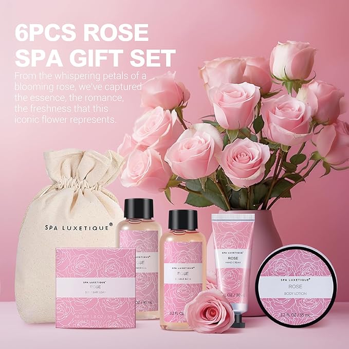 Spa Luxetique Gifts for Women, Bath and Body Gifts Set 6pcs Gift Baskets Rose Bath Sets for Women Valentine's Day Gifts for Her