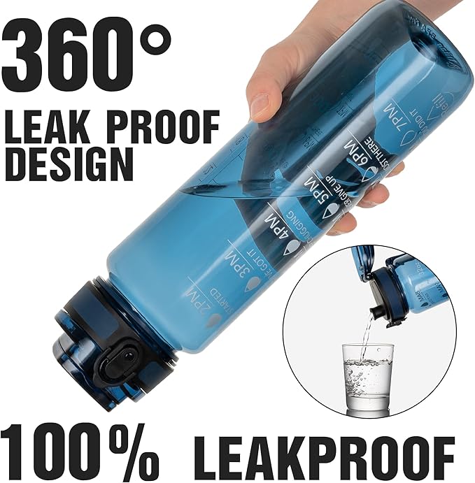 OLDLEY Water Bottle 32oz, Durable and Leakproof Water Bottles Motivational with Time Marker, Tritan, BPA Free, Gym,Travel,Home, School, Office, Gifts for Her, Women Men,Midnight Blue (1 Bottle)
