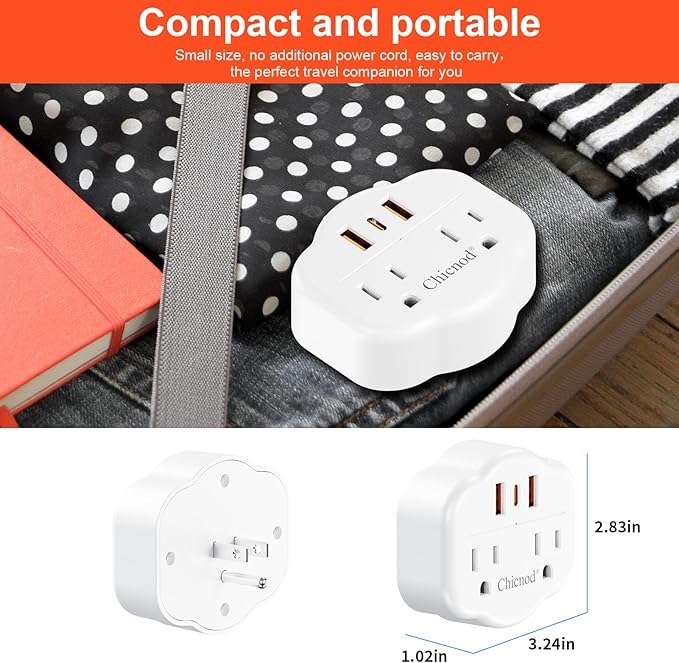 5 in 1 Wall Outlet Extender with USB & Type-C, Surge Protector, 2 AC Outlets, 1050J Fireproof, ETL/FCC Certified, Compact for Travel, Office, Home