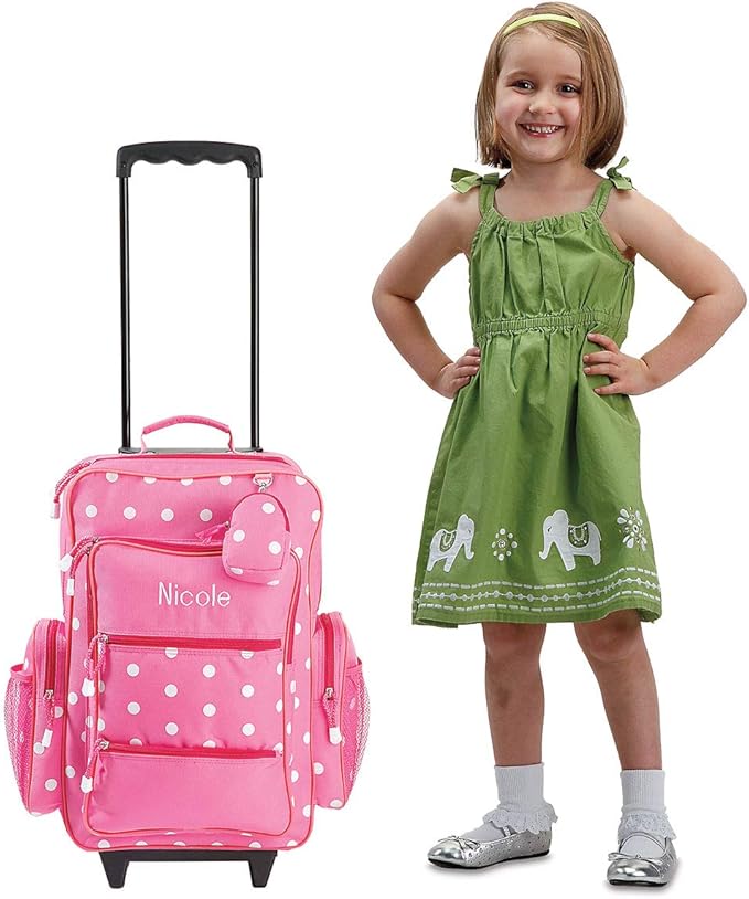 Lillian Vernon Personalized Personalized Kids Suitcases for Girls, 5-Pocket Pink Polka Dot Design Rolling Luggage Set, Customizable Travel Carrier on Wheels