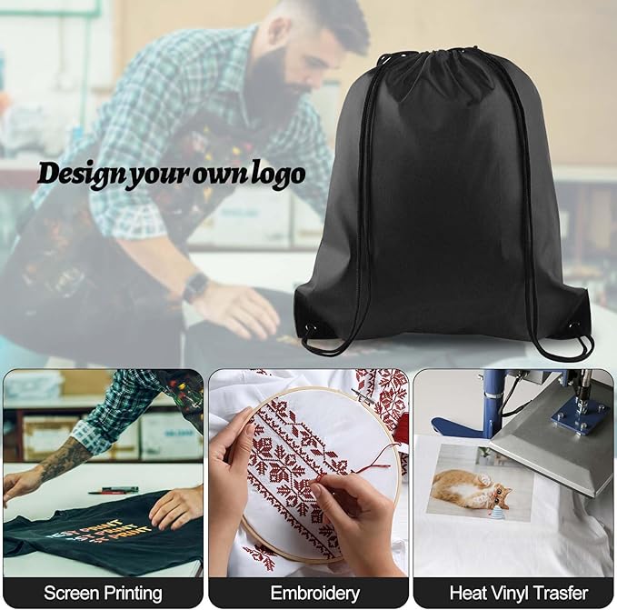 PLULON 15 Pcs Black Drawstring Bags, Drawstring Backpack Bulk, Classic Gym Backpack Bags for Yoga Traveling Outdoor Sports