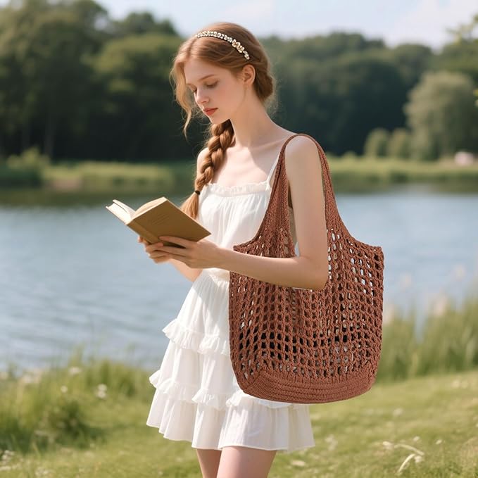 WantGor Crochet Bags, Beach Mesh Tote Bag Womens Shoulder Shopping Handbag Casual Travel Totes Bag Foldable Hobo Bags