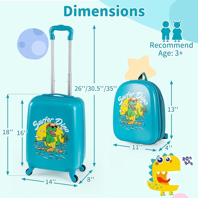 Goplus 2 PCS Kids Luggage, 13" & 16" Carry-on Suitcase w/Spinner Wheels, Telescopic Handle, Hard Shell Rolling Trolley Luggage for Toddler Boys Girls Travel, Airline Approved (Blue, Dinosaur)