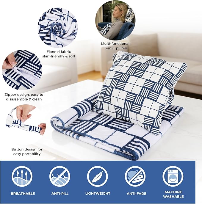 3 in 1 Travel Pillow Blanket Set with Removable Flannel Blanket Throw,Hand Warmer Pockets,Pillow (Color1, 60in*79in)