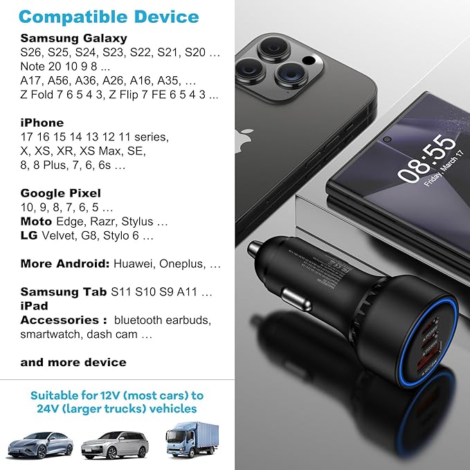 Multi 3 Ports Fast Car Charger Adapter 12V Auto Vehicle Plug - USB C & USB A Quick Charging - Cigarette Lighter Cell Phone Automobile Charger for iPhone 17 Pro Max Air 17e 16e 16 15, Samsung S26