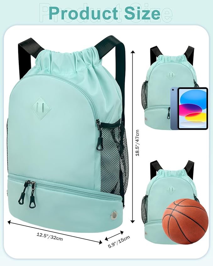 RHDZO Drawstring Backpack Gym Backpack with Shoe Compartment for Men Women String Sports Bag with Wet Pocket Cinch Swim Beach Bag, Large Mint Green