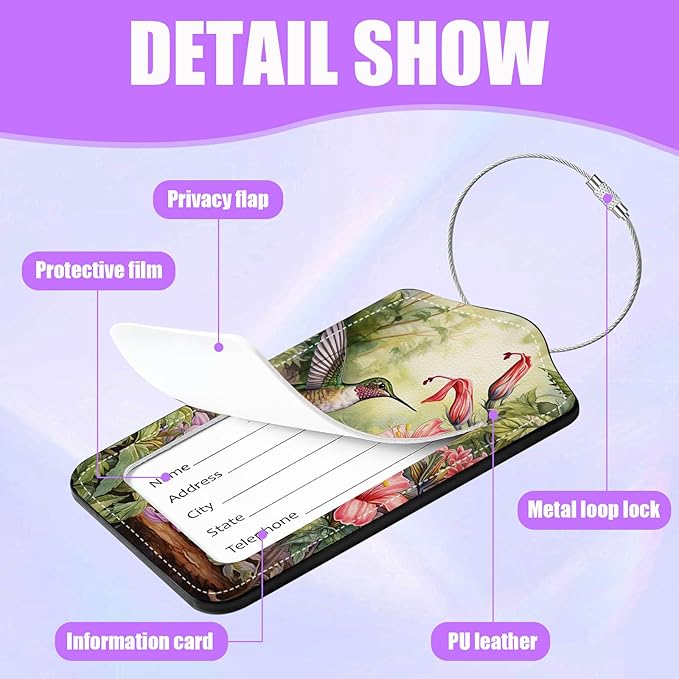 3 Pack Hummingbird Flowers Luggage Tags for Suitcase Floral PU Leather Travel Luggage Tag Privacy Cover ID Label for Women Men Baggage Backpack Handbag School Bag