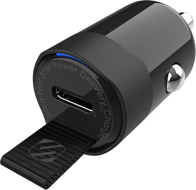 Scosche CPDC30 PowerVolt 30-Watt USB Type-C Fast Mini Flush Fitting Car Charger with Fabric Pull Tag & Power Delivery 3.0 with PPS for All USB-C Devices