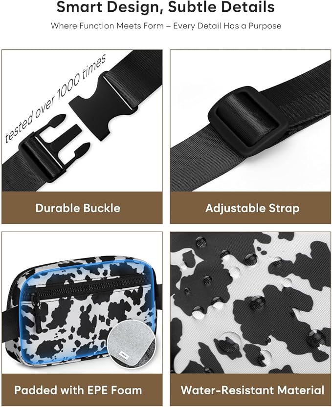 Pritent Fanny Packs for Women Cross Body Bag Waterproof Belt Bag with Adjustable Strap and Zipper Back Pocket Small Crossbody Bags Fashion Waist Packs for Workout Travelling(Cow Print)