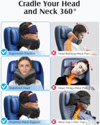 YFONG Travel Pillow for Long Flight Airplanes, Head Strap Combo with 3D Contoured Eye Mask for Sleep, Neck Pillow for Car Trip Essential, 360° Support Memory Foam Headrest, Prevent Bobbing, Blue