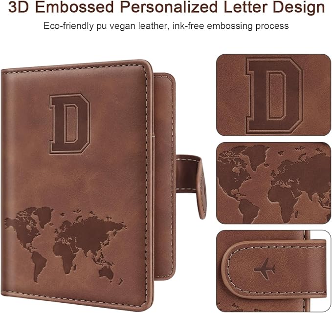 Passport Holder Wallet Cover Personalized Letter A-Z Travel Wallet RFID Blocking Passport Cover Wallet Case for Travel Passport Book Holders for Women and Men, Brown-D