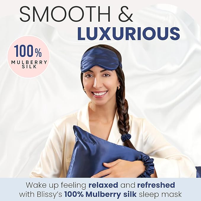 Blissy Silk Sleep Mask - Eye Sleeping Mask for Women & Men for Total Blackout - 100% Pure Mulberry Silk, 22 Momme 6a Fibers - Blindfold Sleep Mask Side Sleeper Eye Cover (Blue)