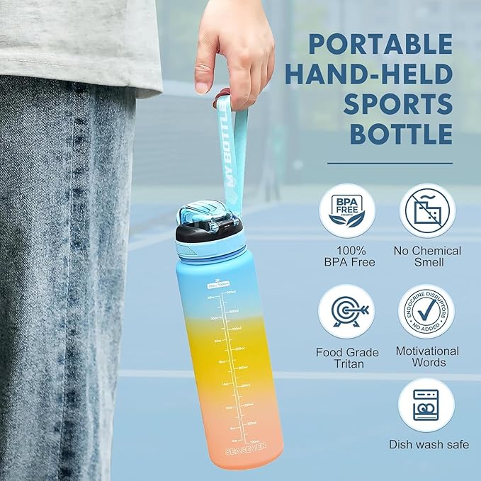 Water Bottle with Straw 1L,Boys Water Bottles with Straw 1 Litre,Waterbottle Leak-Proof Sports Water Bottle,Plastic Drinks Bottles Toxin Free，Bpa-Free (Blue Yellow)