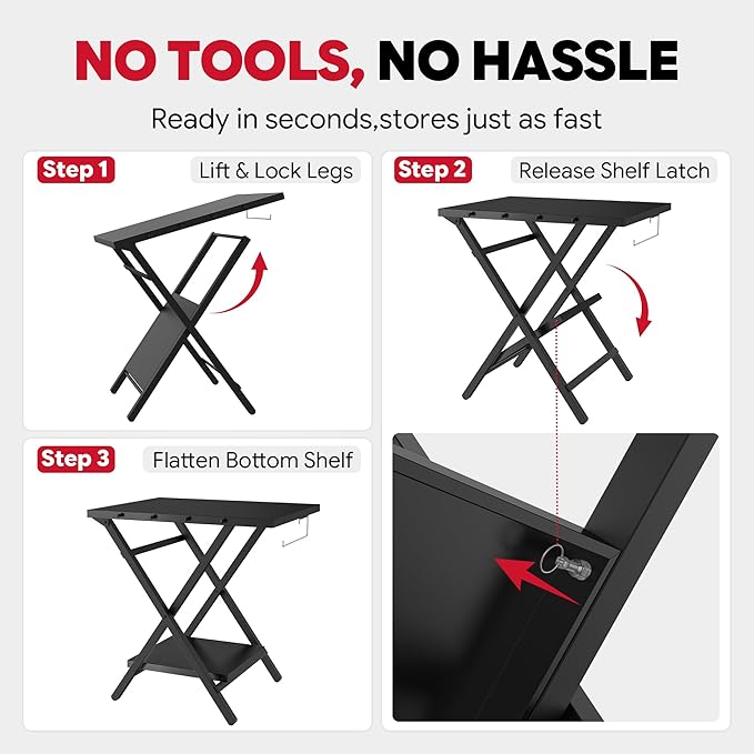 Feasto Folding Grill Table, Pizza Oven Table & Portable Table with Bottom Shelf, Tool Hooks, Trash Bag Holder & Paper Towel Rack, Grill Stand for Pizza Oven & Tabletop Griddle (Black)