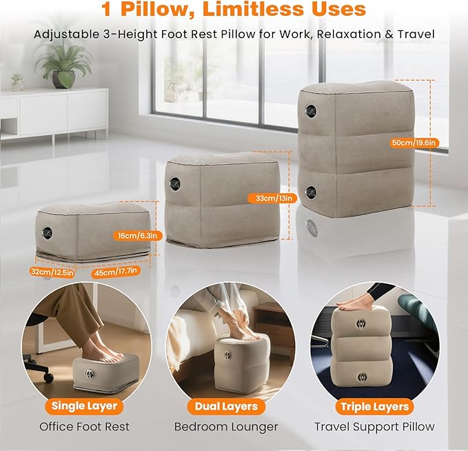 Inflatable Foot Rest Pillow for Travel, 5 Height Adjustable Leg Rest Pillow for Economy Class, Car, Office and Homes
