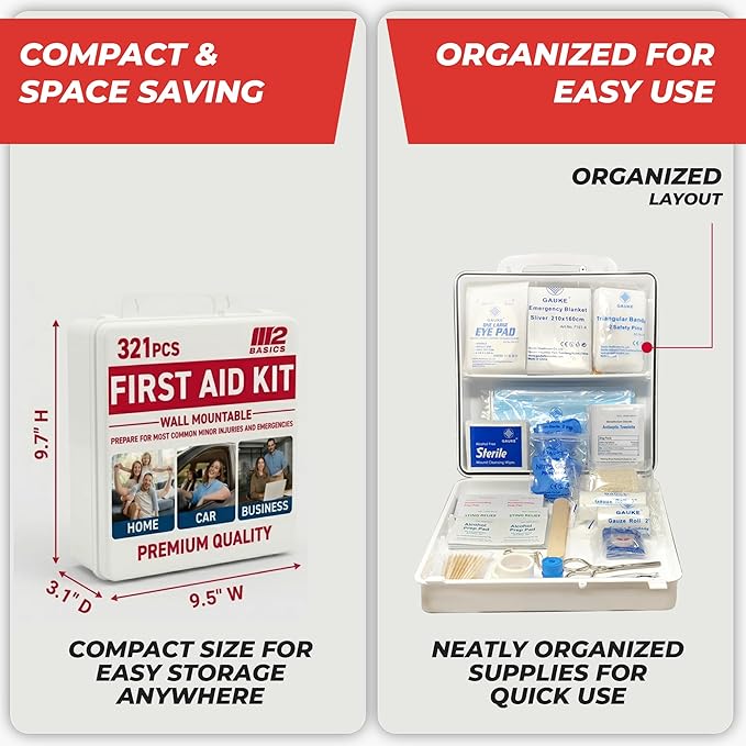 M2 BASICS 321 Piece First Aid Kit, Hard Case Emergency Medical Kit with Supplies for Home, Car, School, Office, Workplace