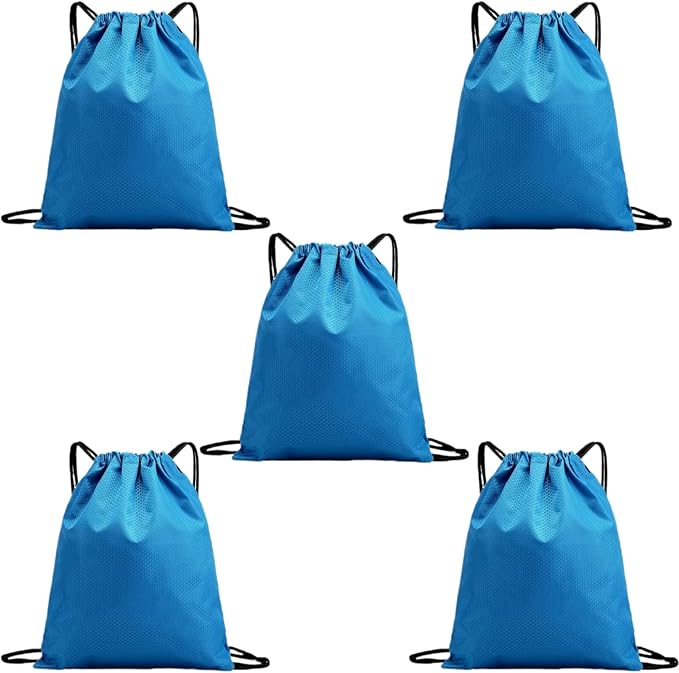 5-Pack Waterproof Drawstring Backpacks, Soccer-Texture Oxford Fabric, 16.9" × 13.8", Lightweight 0.20 lb Each, No Eyelets, Gym & Marathon Gear Sacks(Sky Blue)