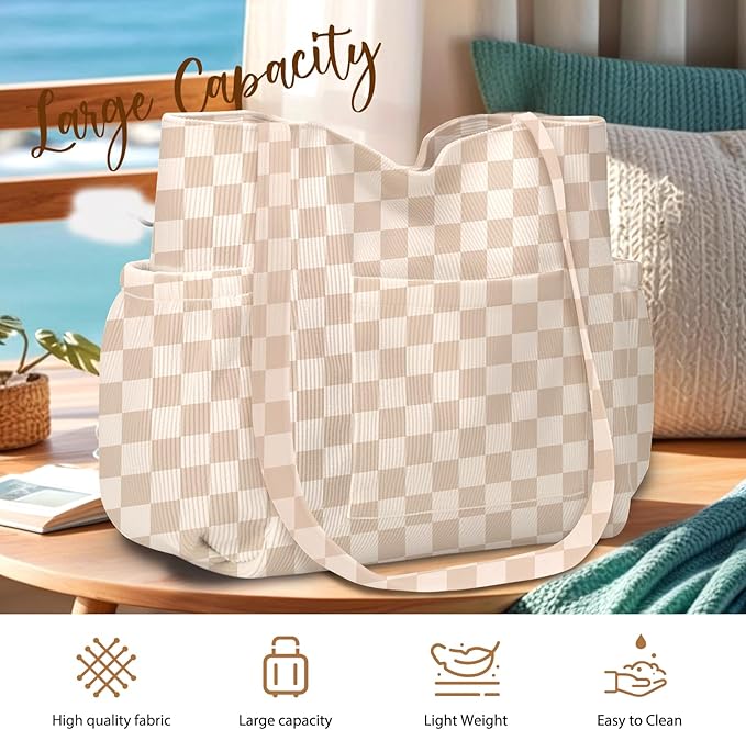 Corduroy Tote Bag for Women,Large Capacity Cute Tote Bags With 6 Pockets,Crossbody Shoulder Handbag for Work Travel Gym