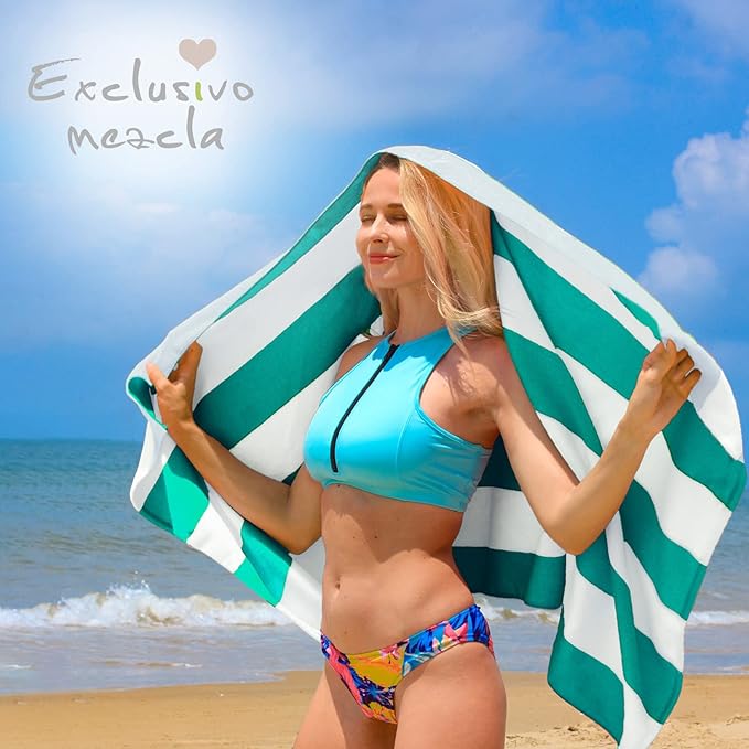 Exclusivo Mezcla 2 Pack Cotton Oversized 35x70 Inches Cabana Stripe Beach Towels, Super Absorbent Soft Plush Pool Bath Towel (Turquoise)