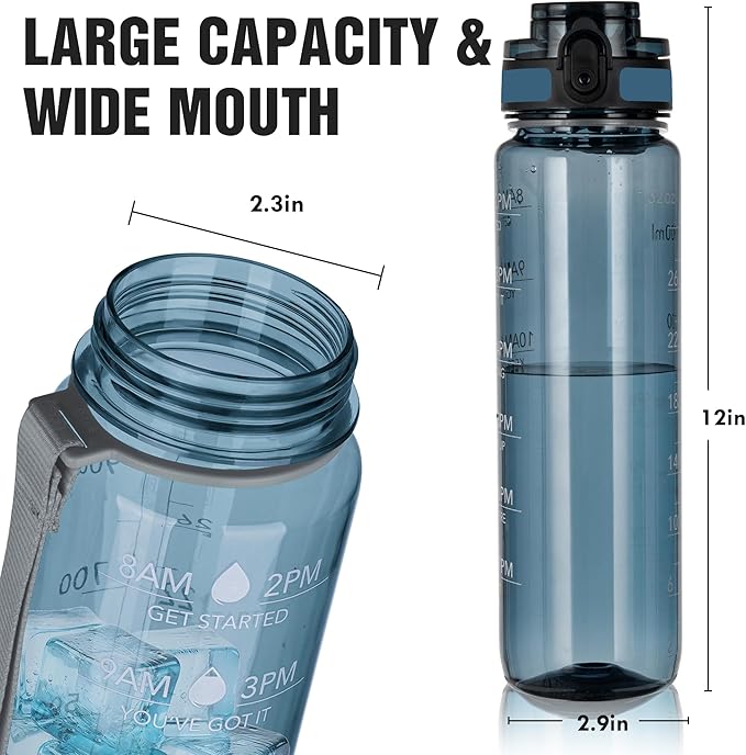 OLDLEY Water Bottle, 32oz Motivational Sports Water Bottle with Time Marker - Times to Drink - Tritan, BPA Free, Wide Mouth Leakproof,Gifts for Her, Women Men,Misty Teal