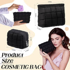 Huhumy 2 Pcs Puffy Makeup Bag Quilted Cosmetic Pouch for Women Cute Checkered Travel Toiletry Bag Puffer Makeup Organizer Purse Pouch Preppy Pencil Case with Zipper(Black)