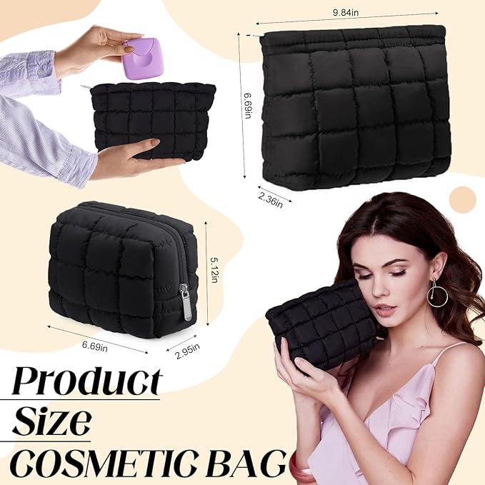Huhumy 2 Pcs Puffy Makeup Bag Quilted Cosmetic Pouch for Women Cute Checkered Travel Toiletry Bag Puffer Makeup Organizer Purse Pouch Preppy Pencil Case with Zipper(Black)