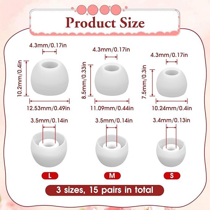15 Pairs Silicone Ear Bud Replacement Pieces Earbuds Ear Tips Replacement Ear Bud Covers S/M/L Sizes Ear Gels Soft Earphones Earbuds White Ear Cushion Ear Bud Tips Replacement Kit