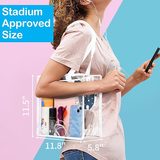 Hoiny Clear Bag for Stadium Events Approved, 12x6x12 Large Transparent Tote Bag with Zipper for Gym Concert Sports Festivals