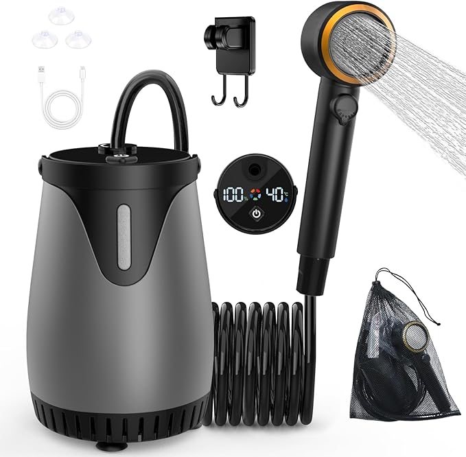 Portable Camping Shower Head with Pump - Dessports 6000mAh Rechargeable Outdoor Camp Shower Kit with Smart LED Display, 5 Pressure Levels, 4 Modes, IPX8 Waterproof for Hiking, RV, Car Wash & Pet