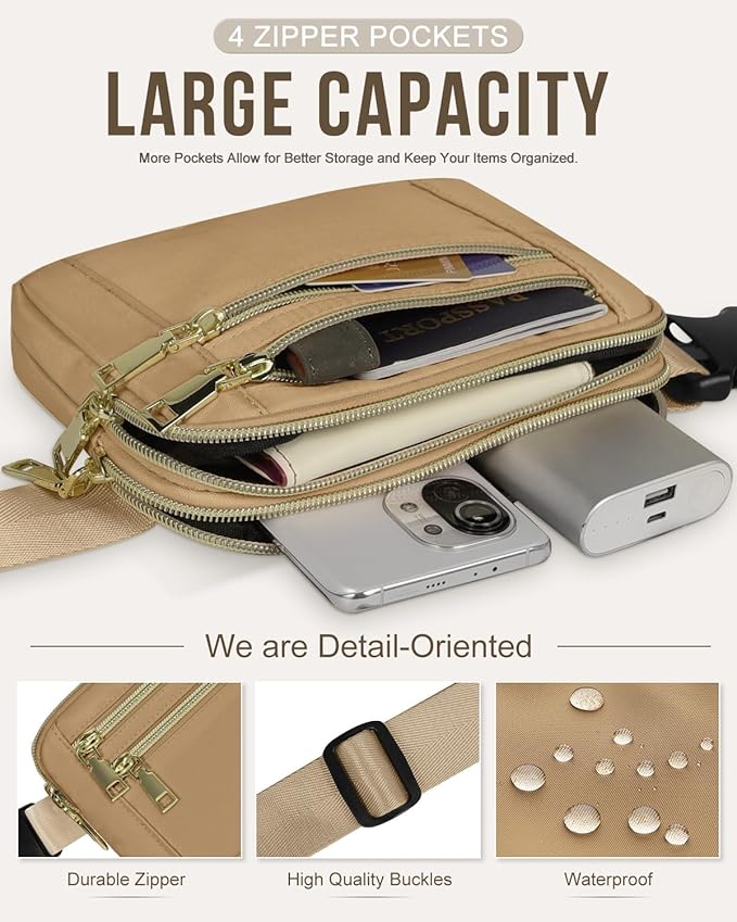 Capolo Fanny Packs for Women Fashion Waist Packs Bag with Adjustable Strap and 4 Zipper Pockets Waterproof Everywhere Crossbody Belt Bag for Workout Running Travelling(Khaki)