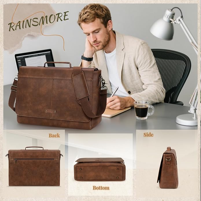 RAINSMORE Vintage Flap Messenger Bag for Men PU Leather Laptop Bag 15.6 Inch Mens Briefcase Waterproof Satchel Computer Bag