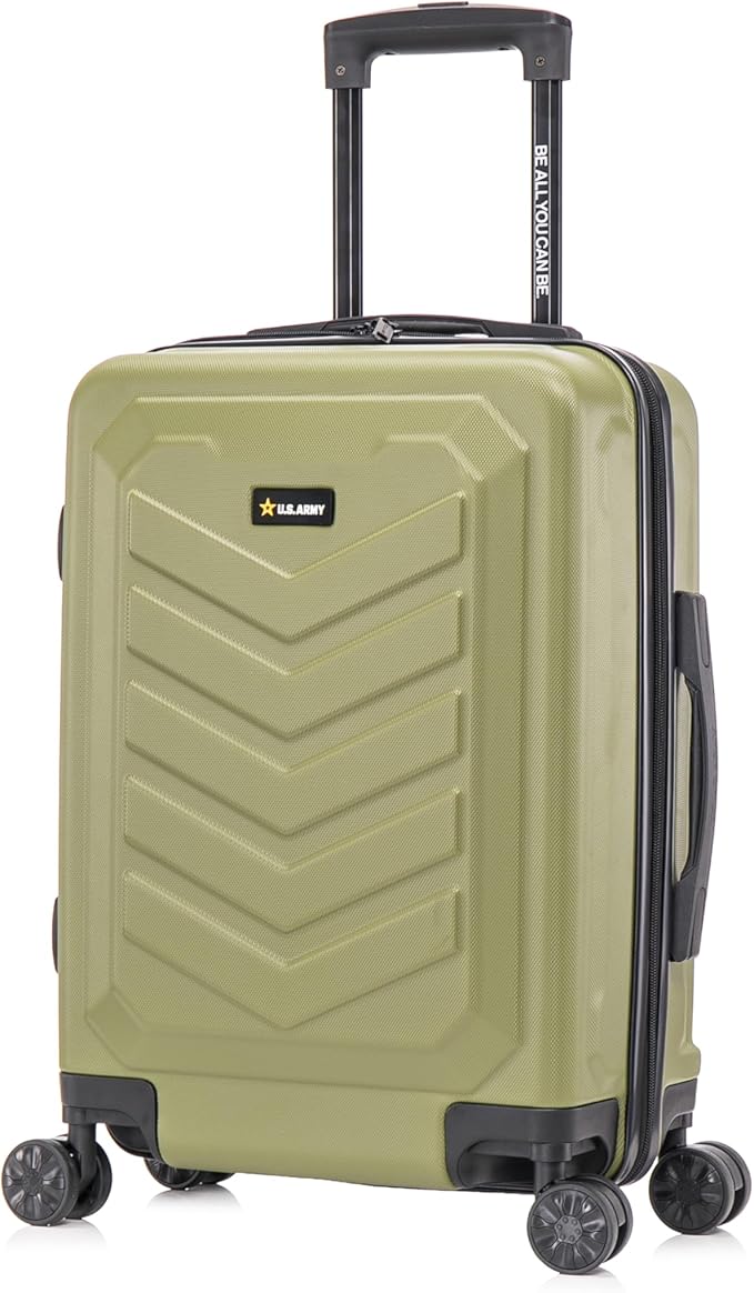 US ARMY Fox 20 inch Carry-On Hardside Luggage with Spinner Wheels | Lightweight Small Suitcase for Travel | Chevron Icon, Gel Handle, Side Studs, Retractable Trolley, Heavy Duty | Olive Drab