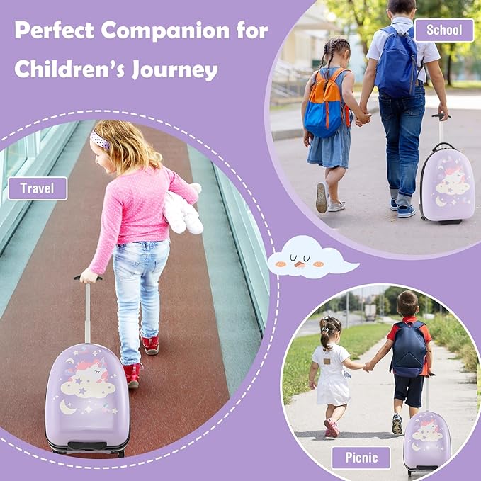 Goplus Kids Luggage, 16’’ Carry On Suitcase with Wheels, Waterproof Hard Shell, Lightweight Rolling Luggage for Travel, Birthday Gifts for Toddlers, Children, Boys, Girls (Purple-Unicorn)