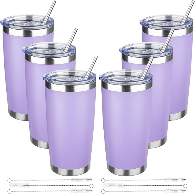 20 oz Tumbler with Lids and Straws, Stainless Steel Insulated Travel Coffee Mug, Double Wall Vacuum Insulated Tumblers, Powder Coated Coffee Tumbler for Cold & Hot Drinks (Light Purple,6pack)
